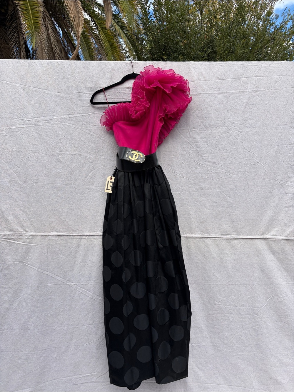 Chic Fuchsia and Black Polka Dot Maxi Skirt Outfit by Chanel